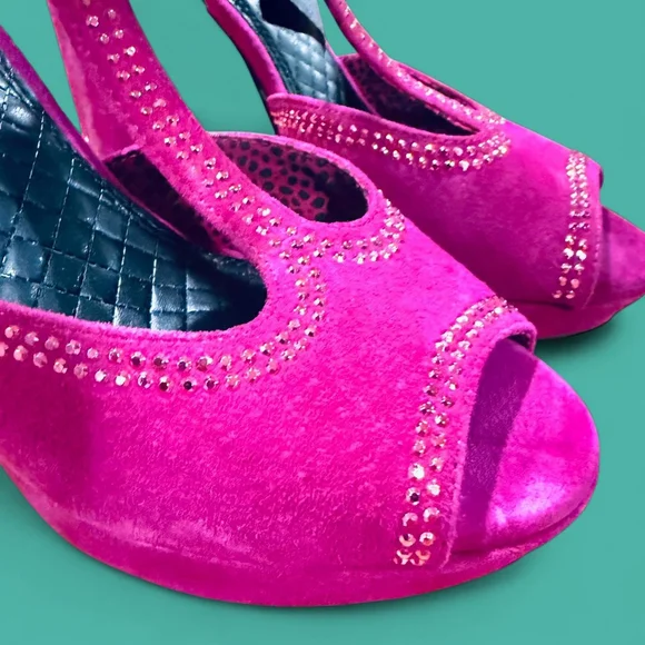 Fuchsia Pink T-Strap Suede Platform Peep-Toe Block Heels Gianni Bini 9 - Picture 4 of 8